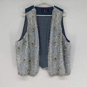 Vintage Danare Denim Beaded Lace Vest Handmade Embellished Boho Size L/XL